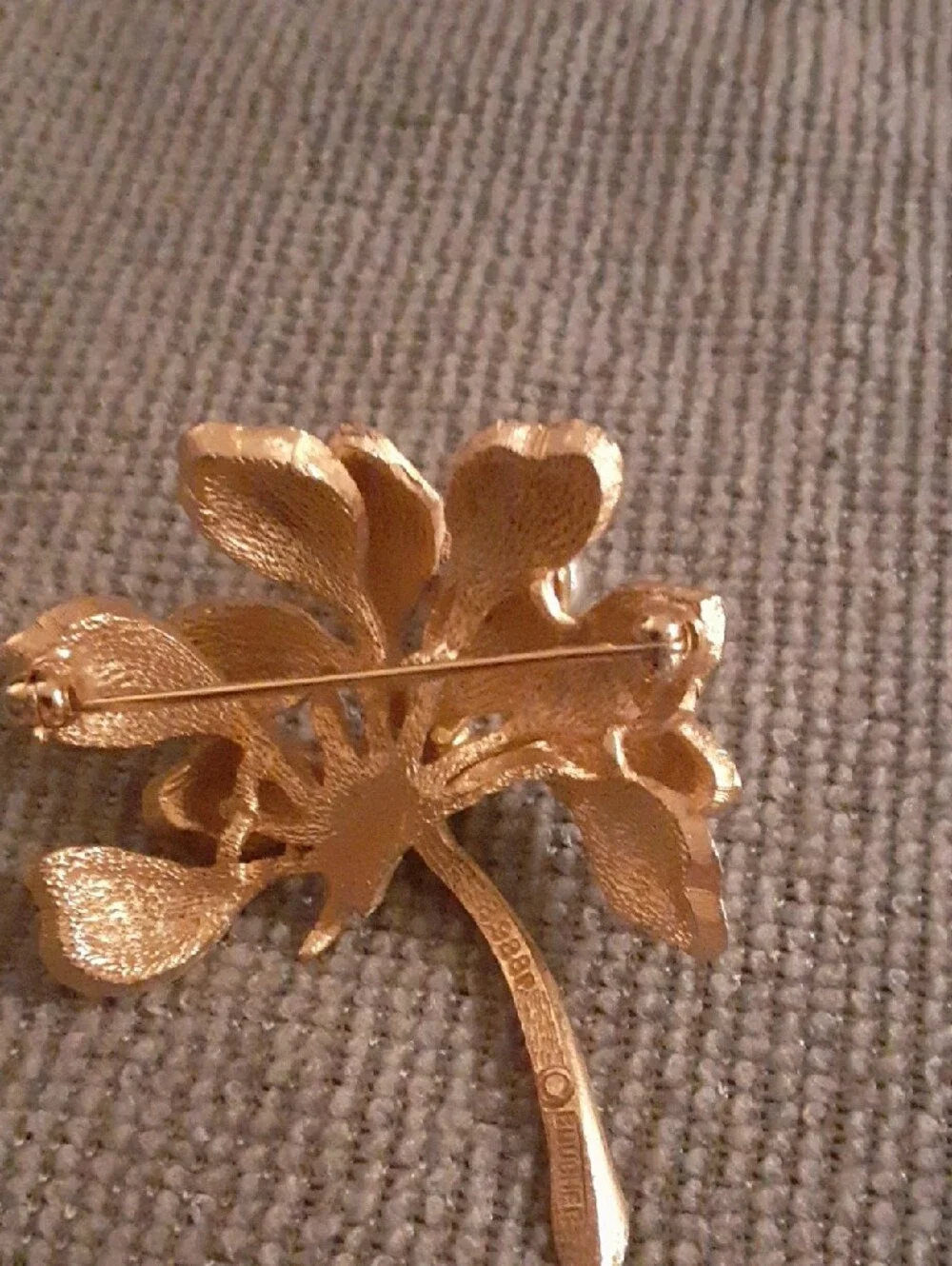 Vintage Marcel Boucher Orchid Gold Leaf Brooch 8388 Rhinestone
